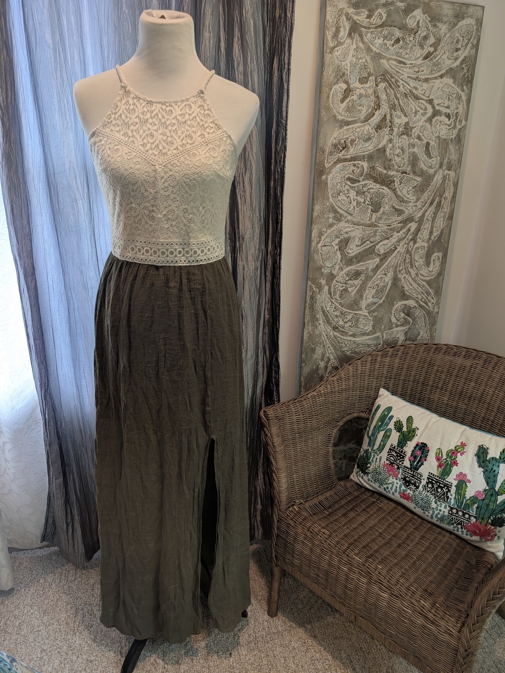 Boho Lace And LinenHalter Top Maxi Skirt Set - White Lace Top & Olive Maxi Skirt